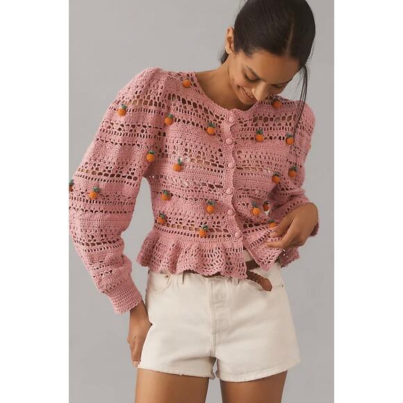 New Farm Rio Orange Tassel Crochet Cardigan Sweater Pink Boho Blouse Knit Small - Picture 2 of 12